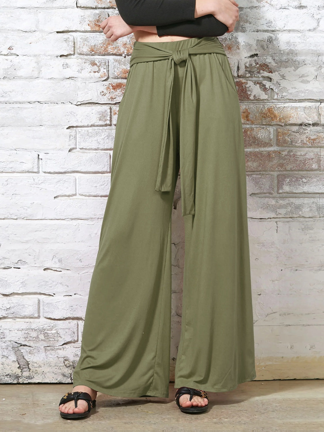 Tied Wide Leg Pants with Pockets Matcha Green
