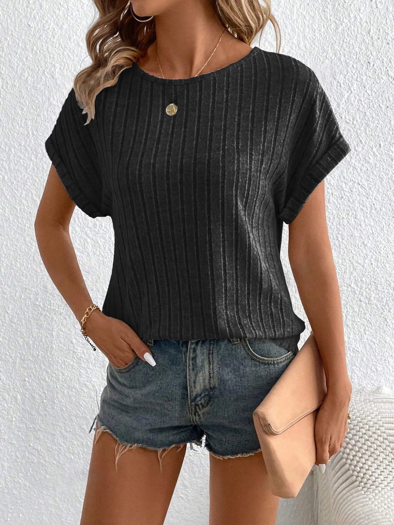 Plus Size Ribbed Texture Short Sleeve T-Shirt Black