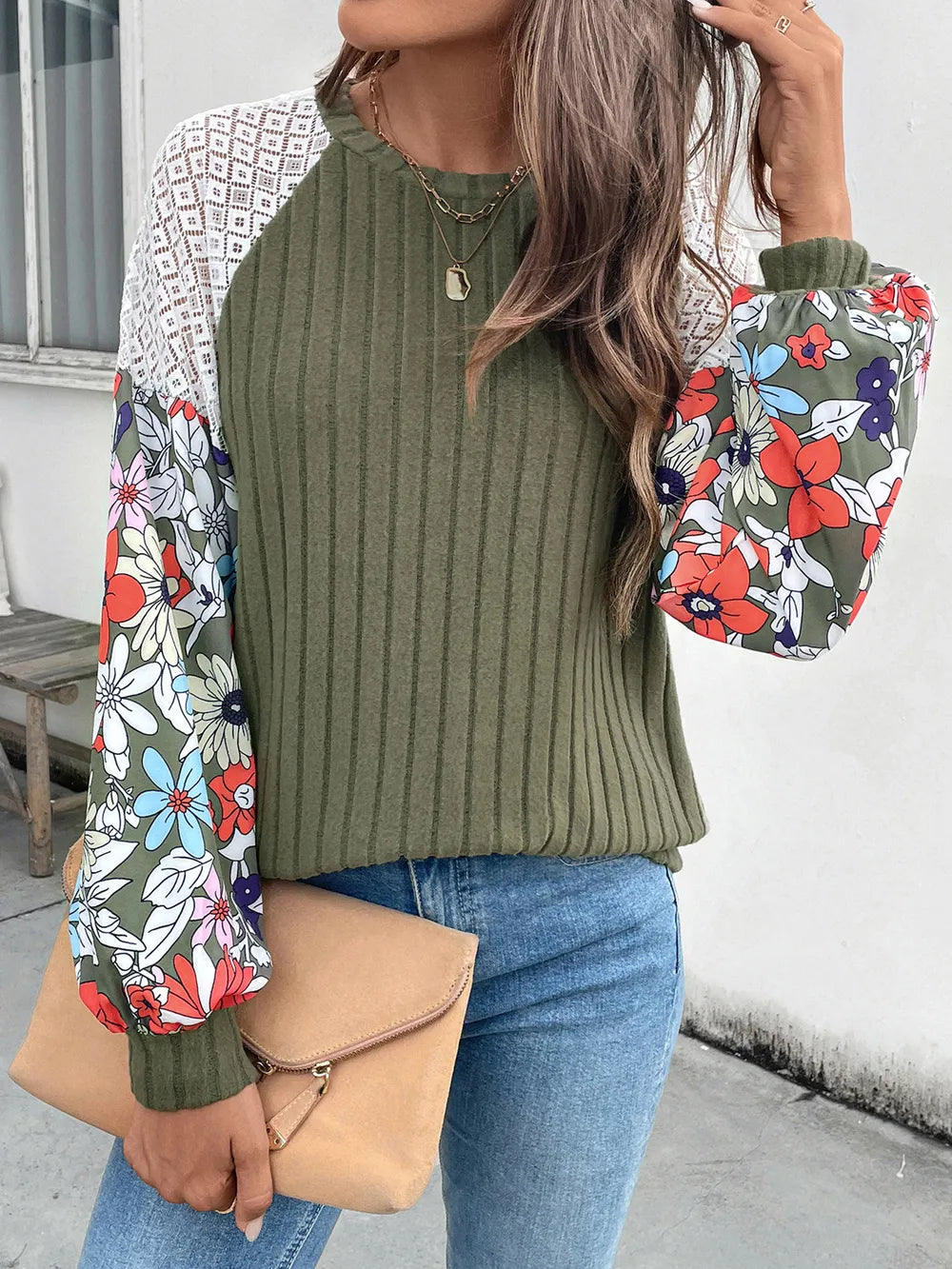 Perfee Printed Round Neck Long Sleeve Knit Top