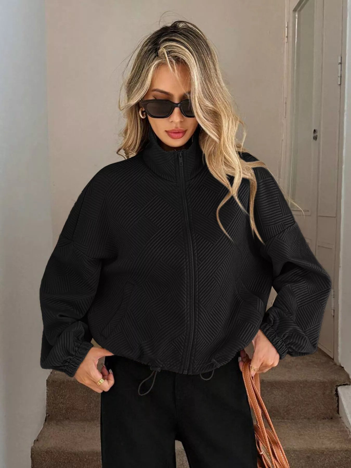 Drawstring Hem Textured Long Sleeve Jacket