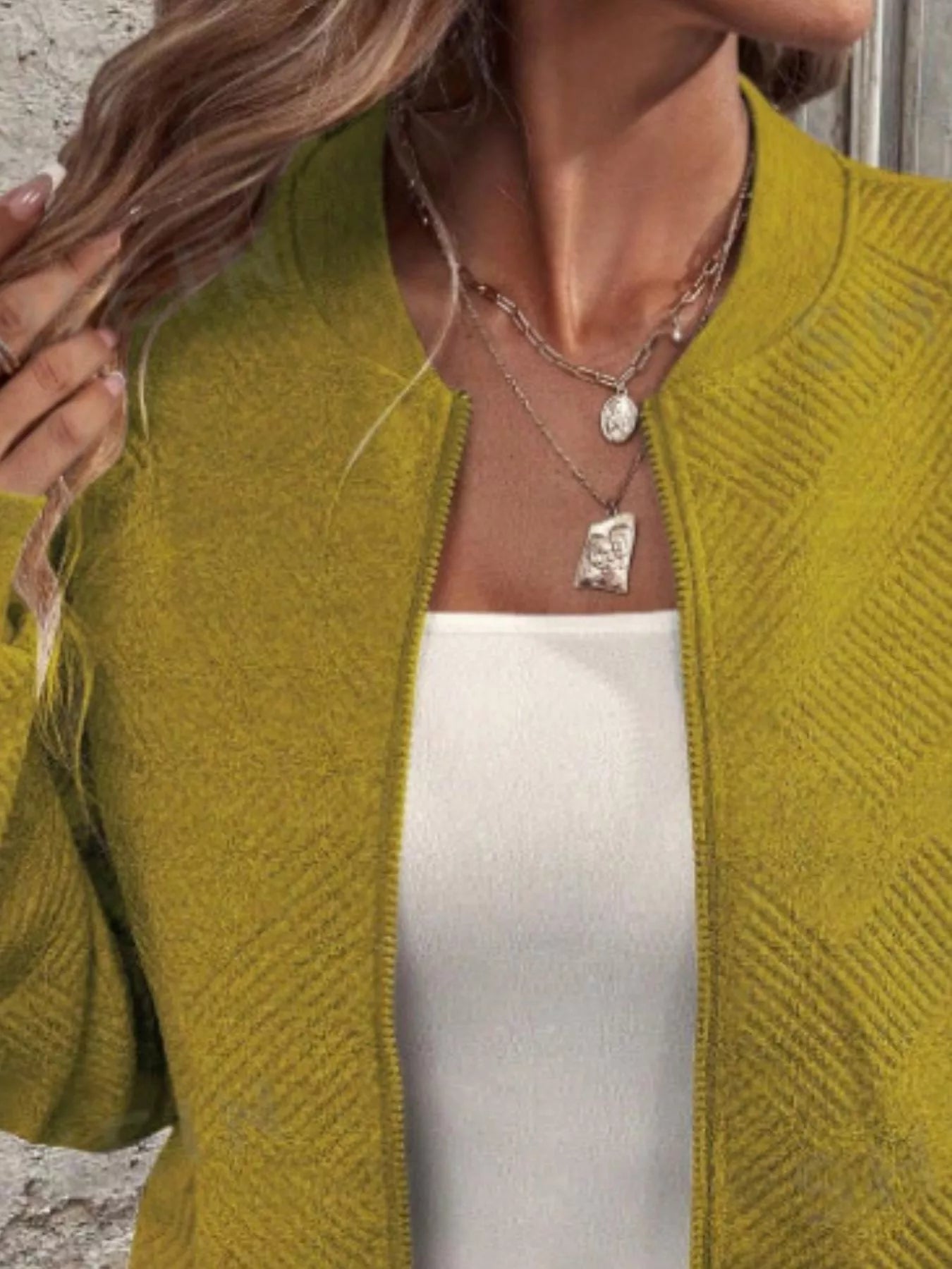 Textured Knit Zip-Up Bomber Jacket