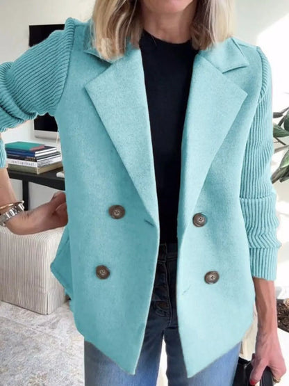 Full Size Knit Sleeve Double-Breasted Outerwear Plus Size Pastel Blue
