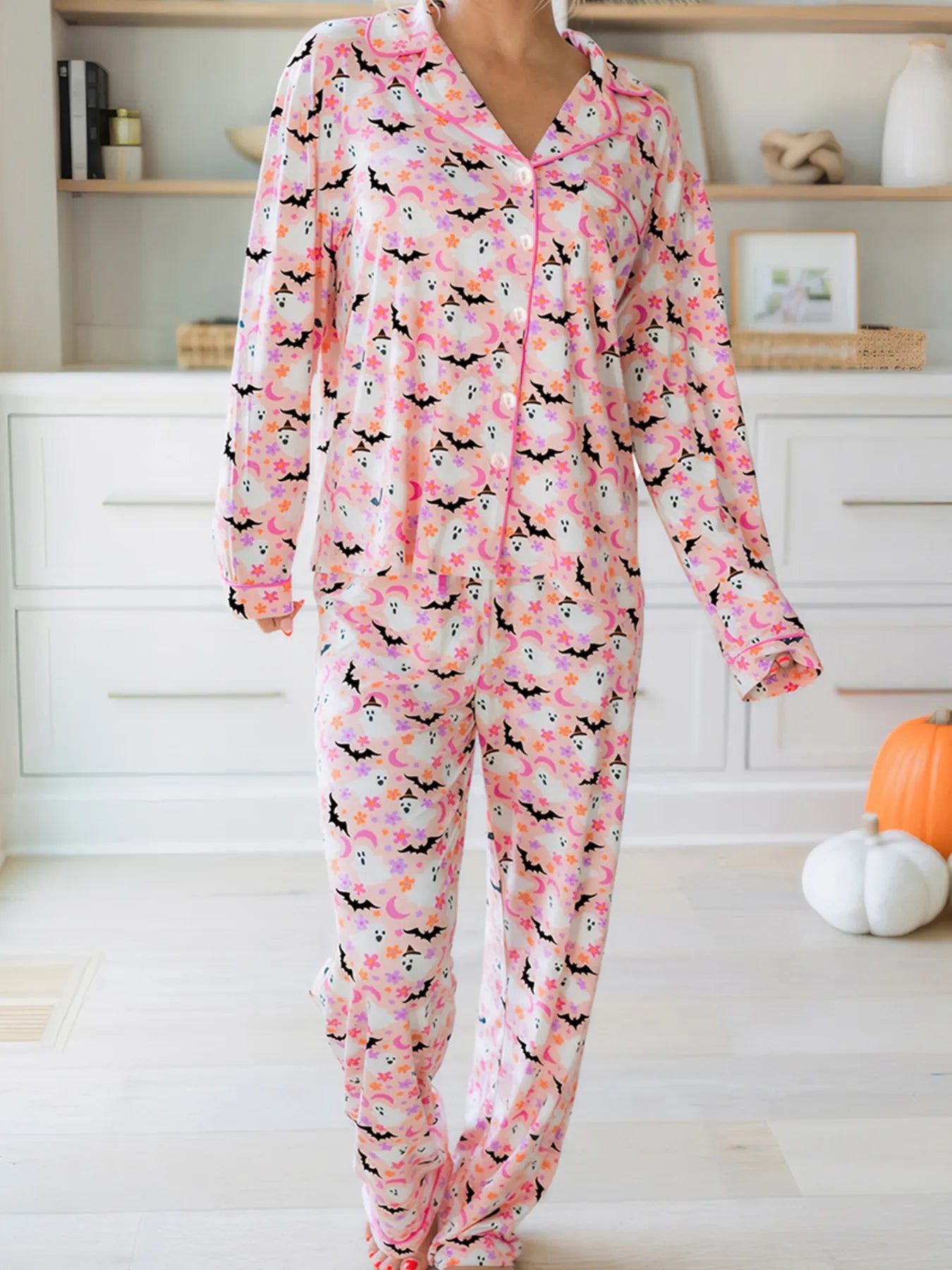 Halloween Ghost Print Button Up Top and Pants Lounge Set Dusty Pink