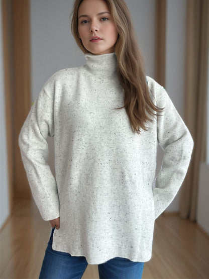 Side Slit Turtleneck Long Sleeve Sweater White One Size