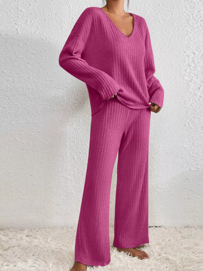 Ribbed V-Neck Top and Pants Set