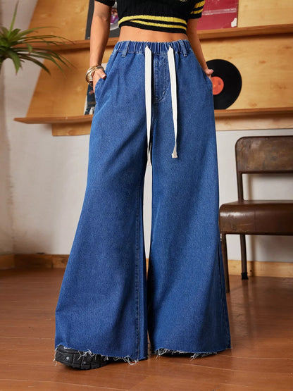 Wide Leg Drawstring Waist Ripped Hem Jeans