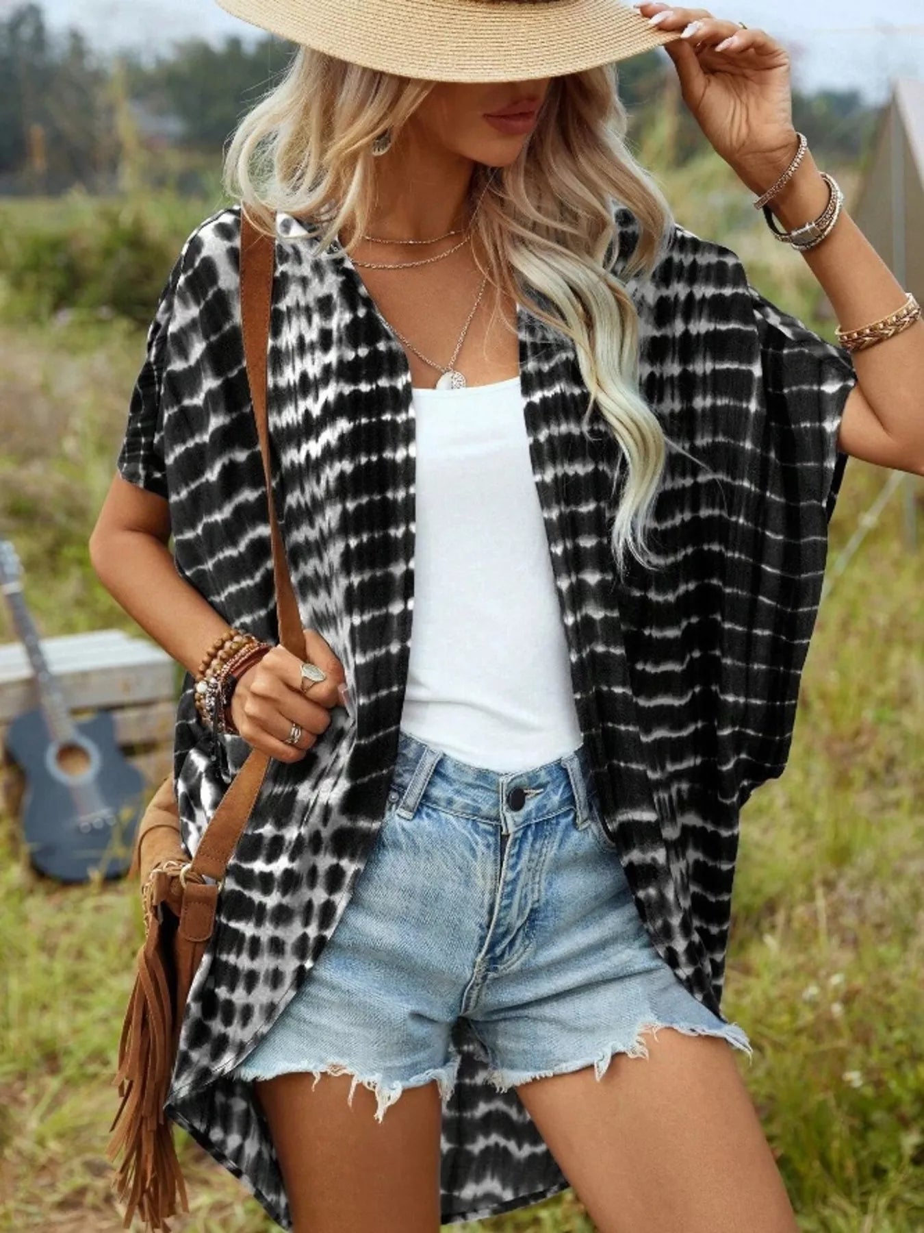Tie-Dye Open Front Kimono Cardigan Black