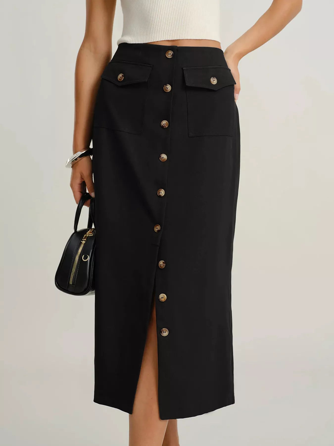 Button-Front Midi Skirt with Pockets Black