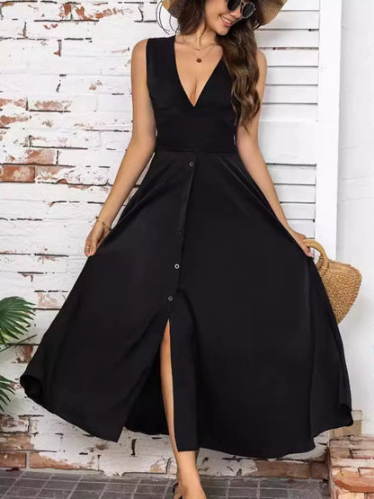 Full Size Slit V-Neck Sleeveless Dress Plus Size Black