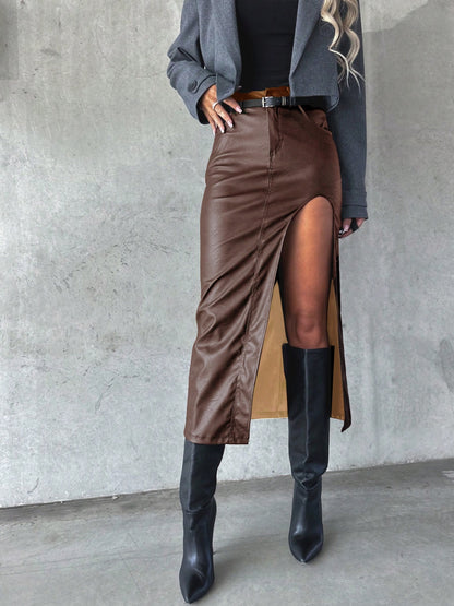 Slit Midi Skirt with Pockets Taupe