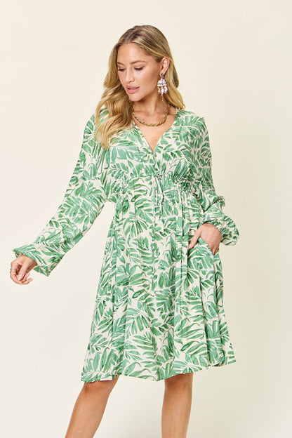 Printed Ruched Balloon Sleeve Dress Gum Leaf