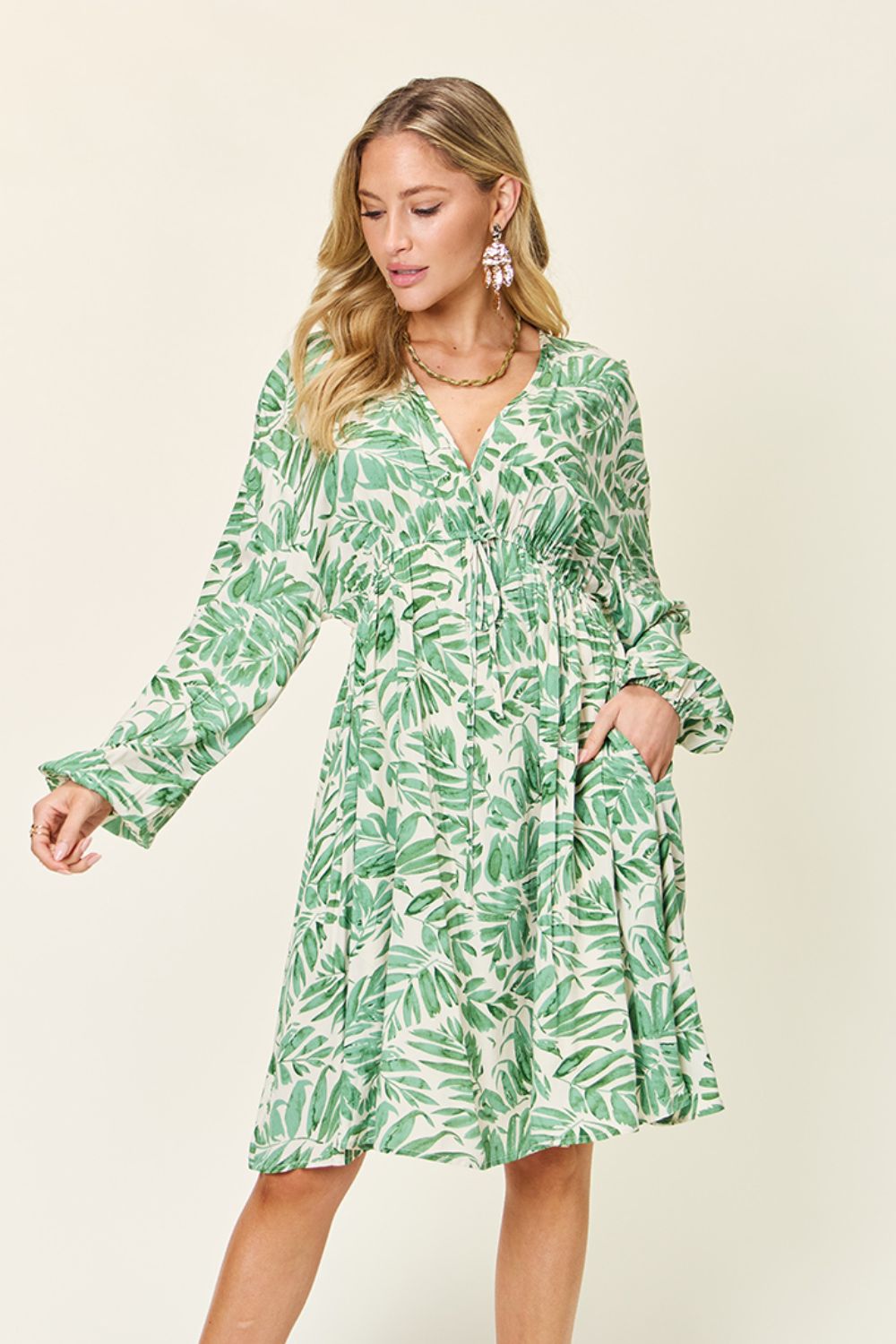 Printed Ruched Balloon Sleeve Dress Gum Leaf