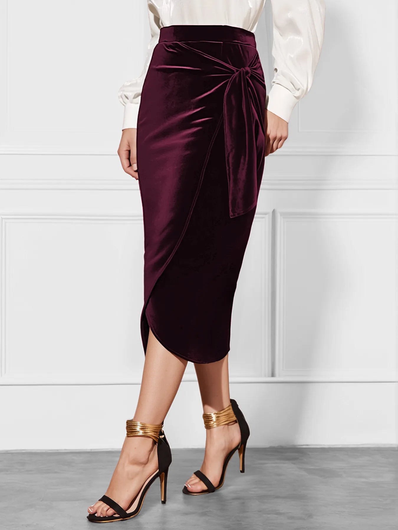 Side Tied Velvet Skirt Burgundy