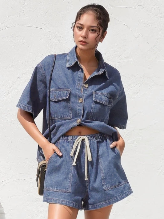 Collared Neck Button Up Top and Shorts Denim Set Medium