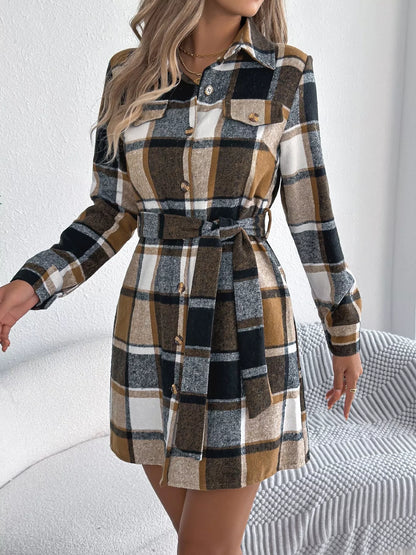 Plaid Button Front Tie Waist Shirt Dress Khaki