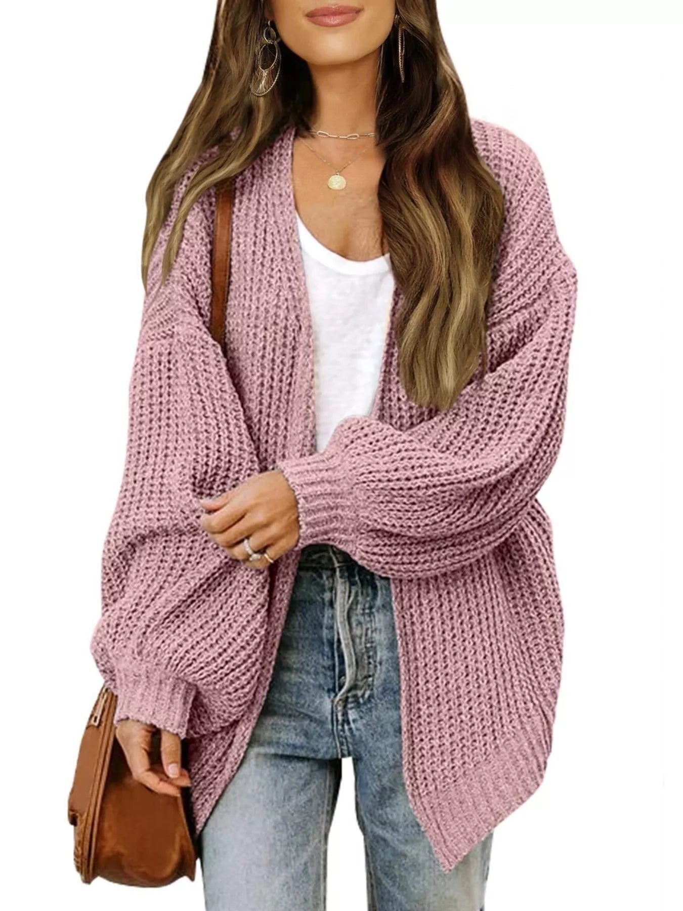 Oversized Chunky Knit Open Front Cardigan Pink