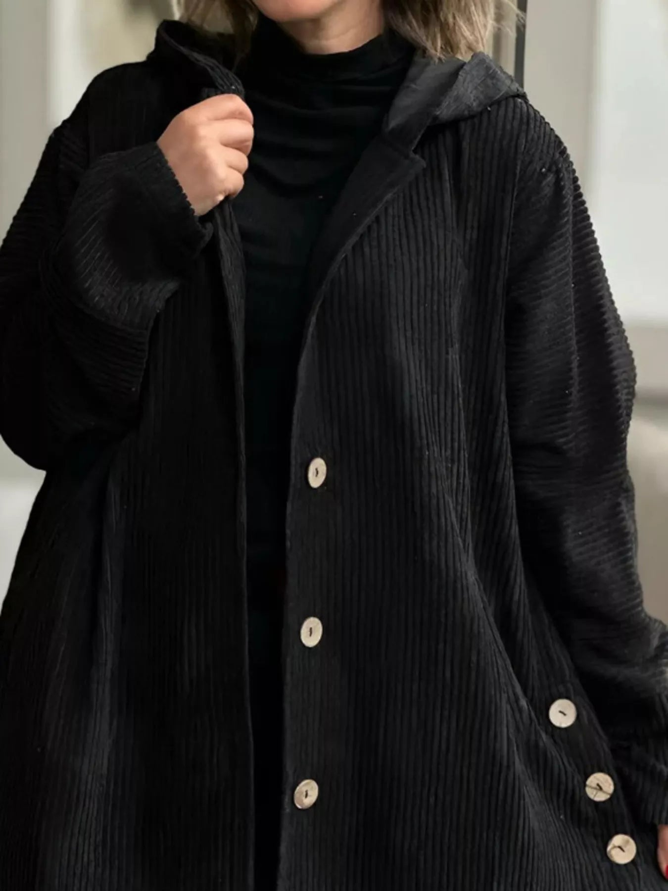 Full Size Corduroy Button Up Hooded Jacket Plus Size Black