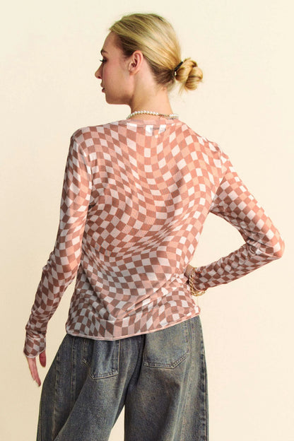 Davi & Dani Checker Board Mesh Long Sleeve Layering Top