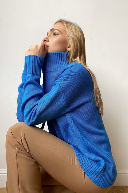 Back To School Sweater - Basic Bae Turtleneck Dropped Shoulder Long Sleeve Sweater Royal Blue One Size
