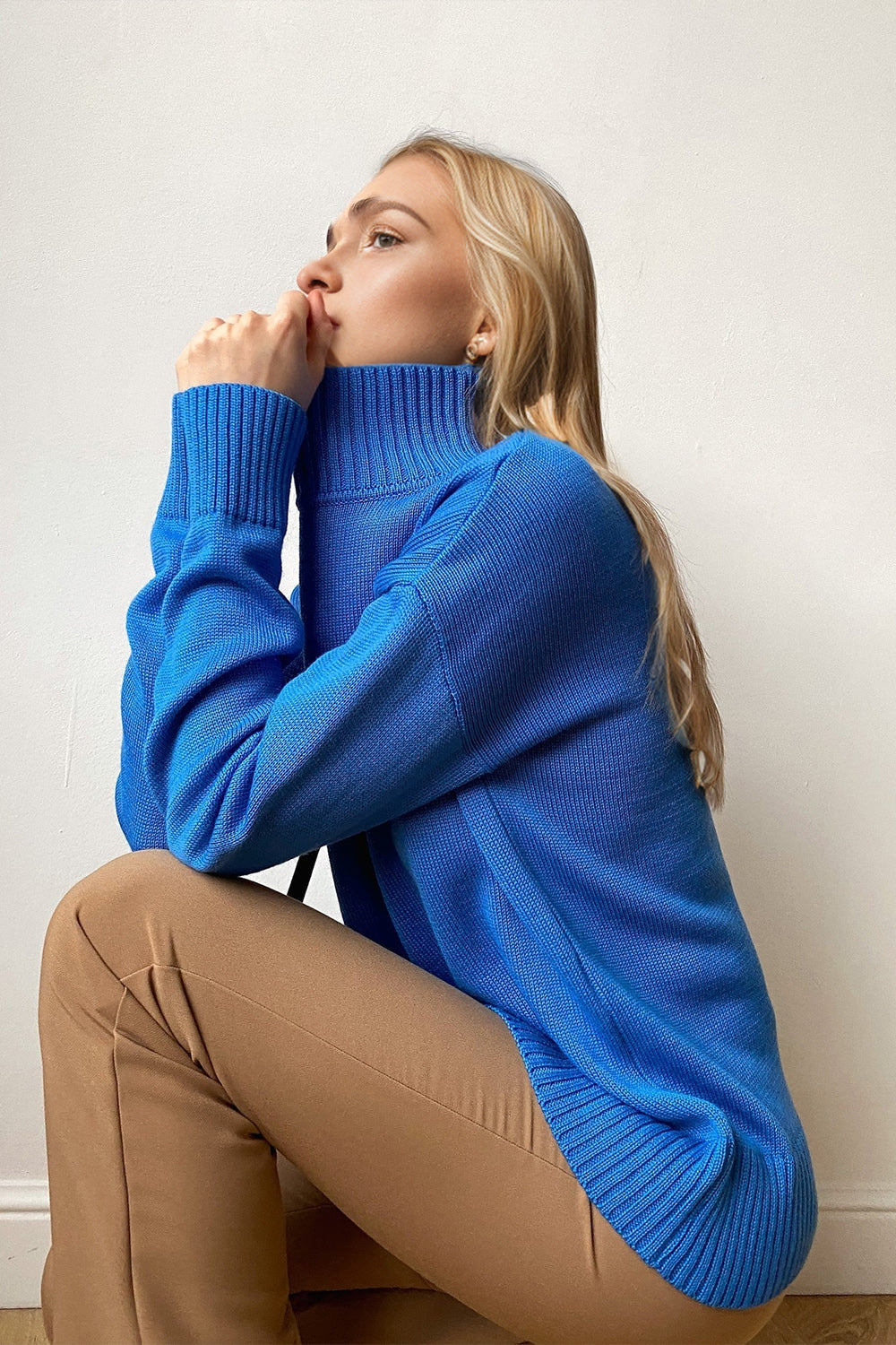 Back To School Sweater - Basic Bae Turtleneck Dropped Shoulder Long Sleeve Sweater Royal Blue One Size