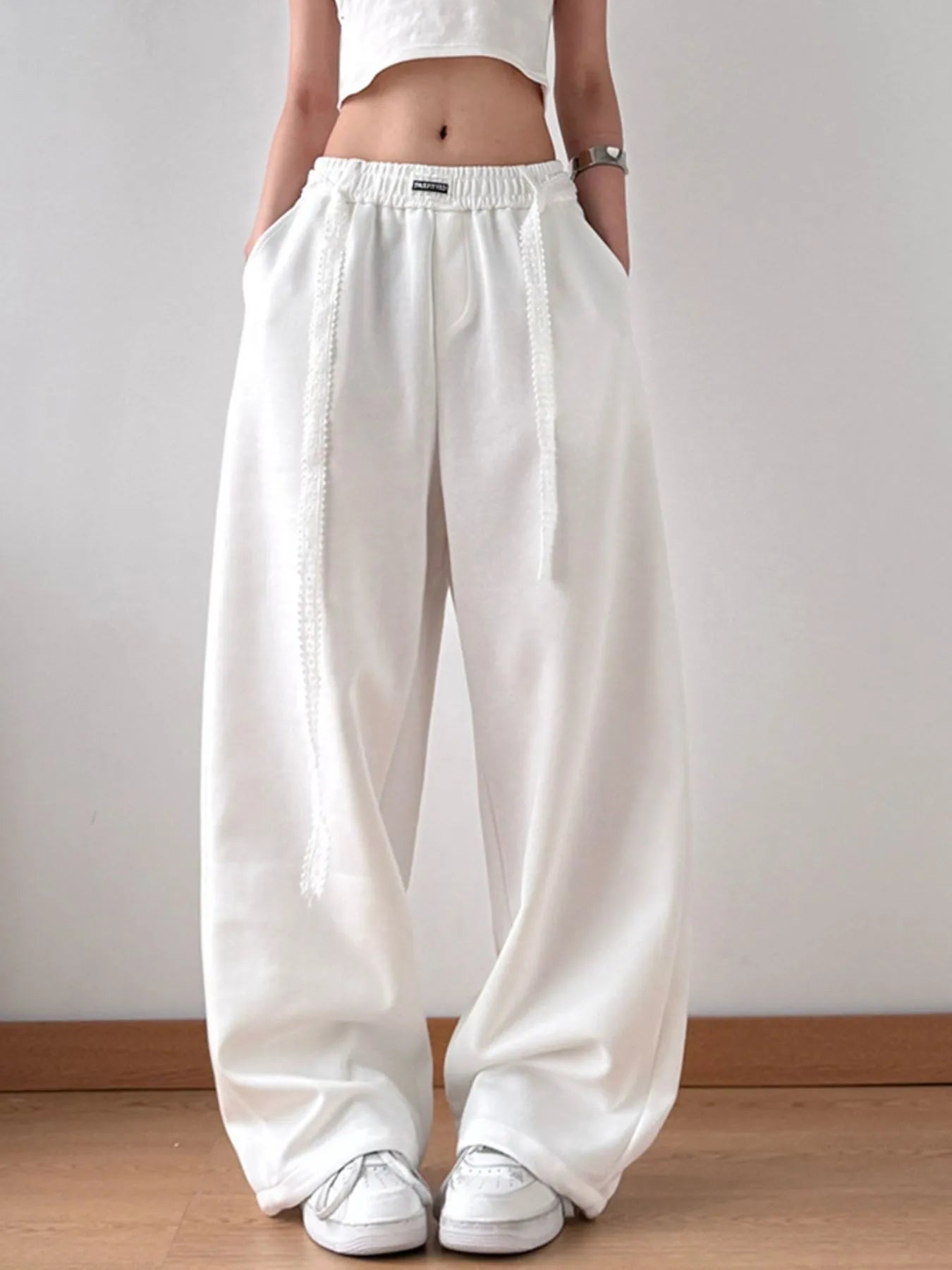 Elastic Waist Wide Leg Pants White