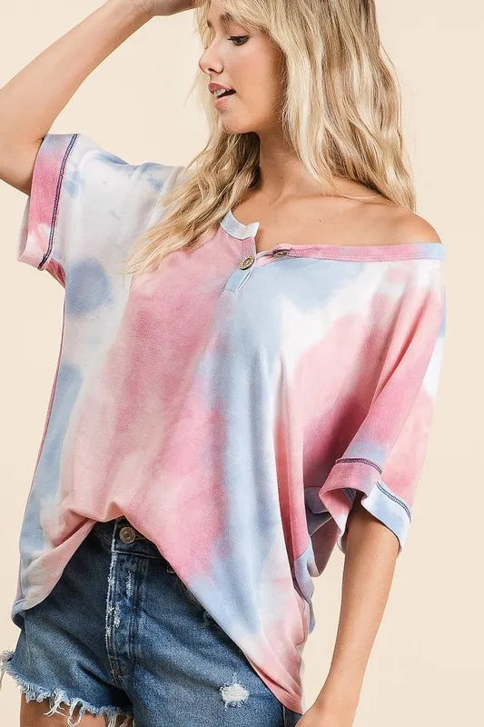 BiBi Tie Dye French Terry Top With Buttoned Placket