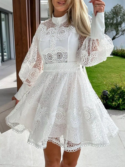 Lace Lantern Sleeve Mini Dress White