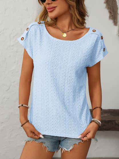 Mandy Eyelet Round Neck Short Sleeve Top Light Blue