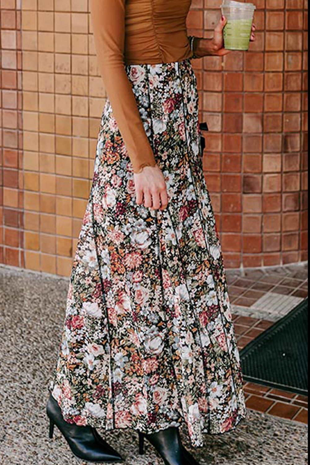 Floral Elastic Waist Maxi Skirt Floral