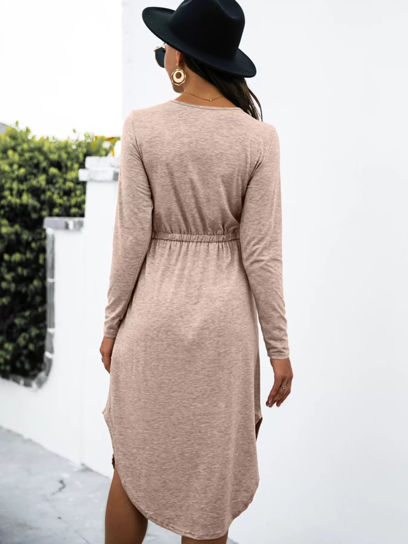 Drawstring Waist Long Sleeve Casual Dress