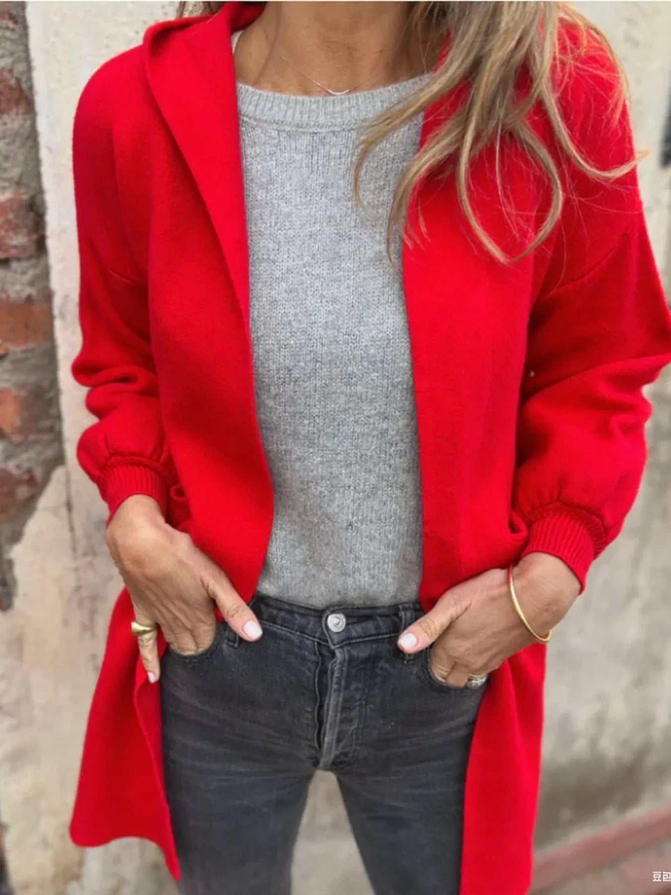 Full Size Open Front Hooded Cardigan Plus Size Red