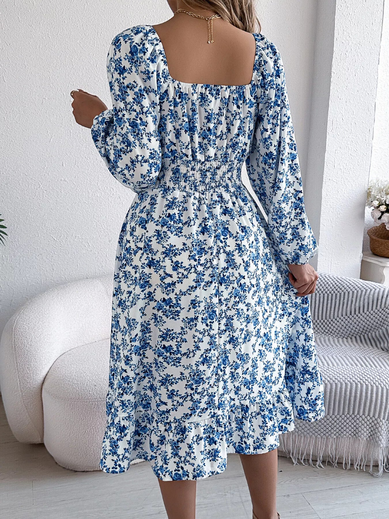 Floral Print Long Sleeve Square Neck Midi Dress