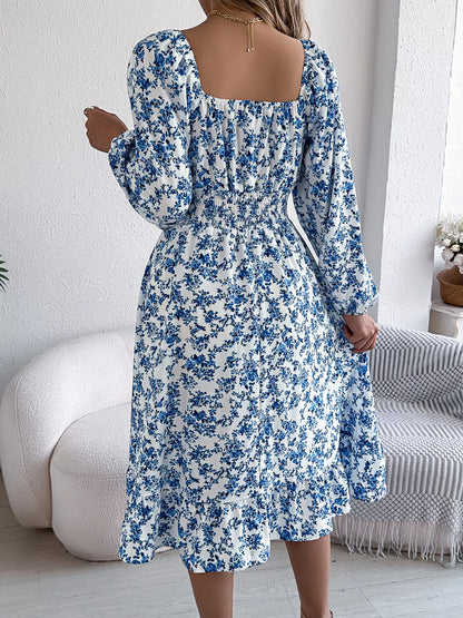 Floral Print Long Sleeve Square Neck Midi Dress