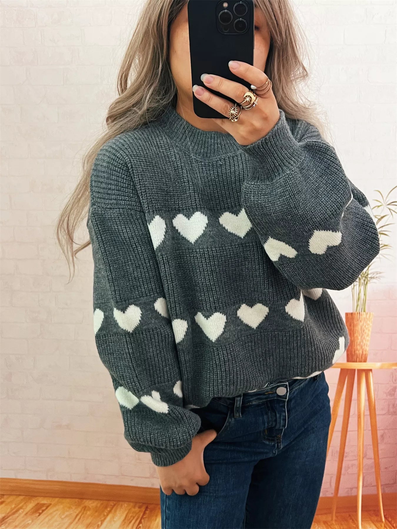 Heart Pattern Dropped Shoulder Sweater