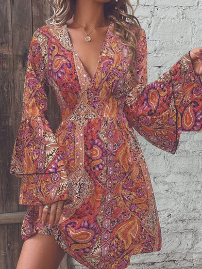 Paisley Print V-Neck Flounce Sleeve Dress Red