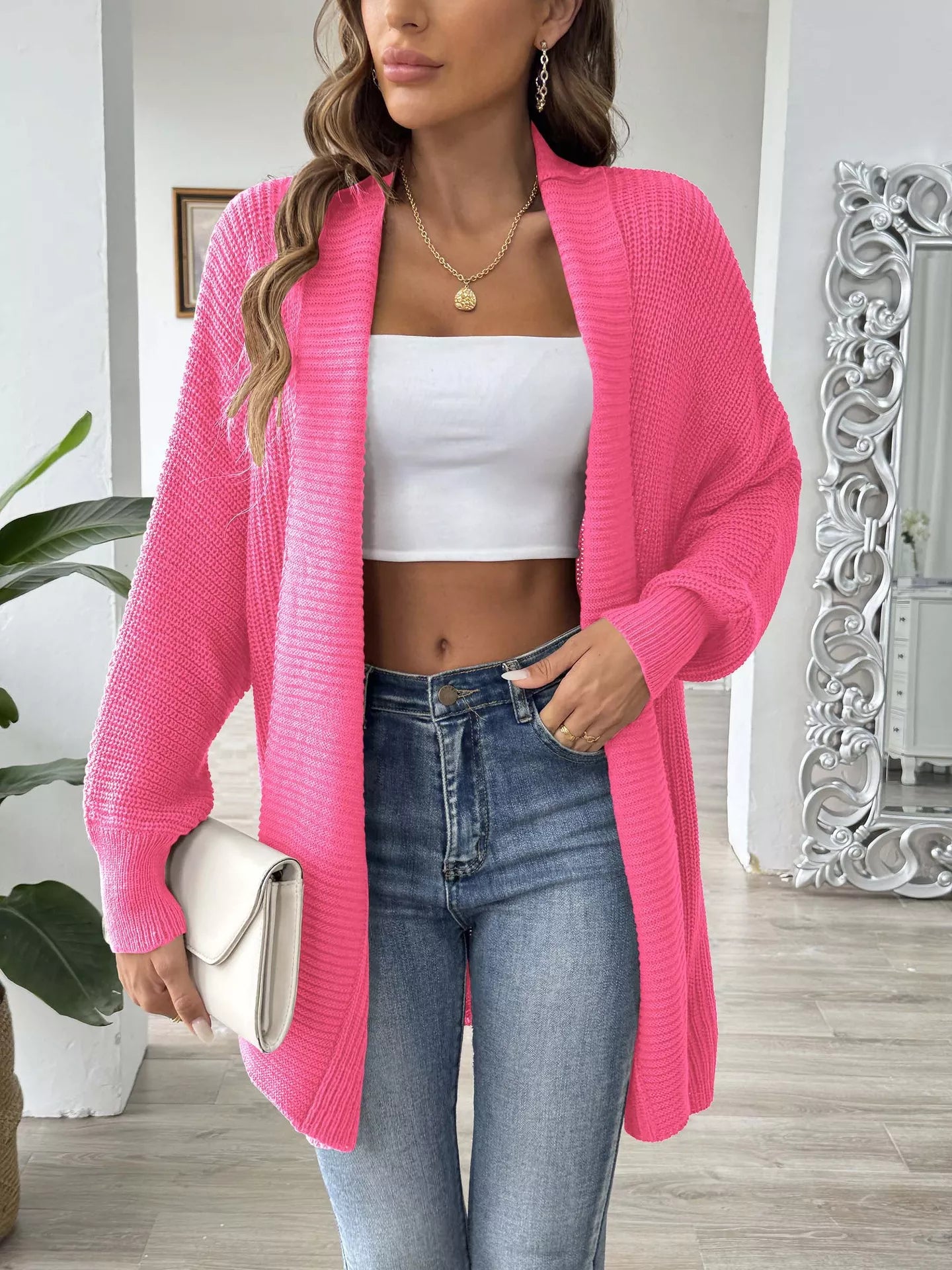 Open Front Ribbed Knit Cardigan Fuchsia Pink One Size