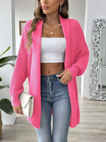 Open Front Ribbed Knit Cardigan Fuchsia Pink One Size