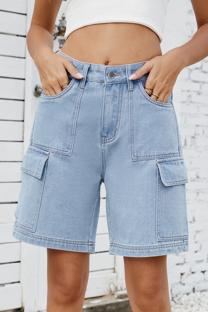 High Rise Denim Shorts with Cargo Pockets