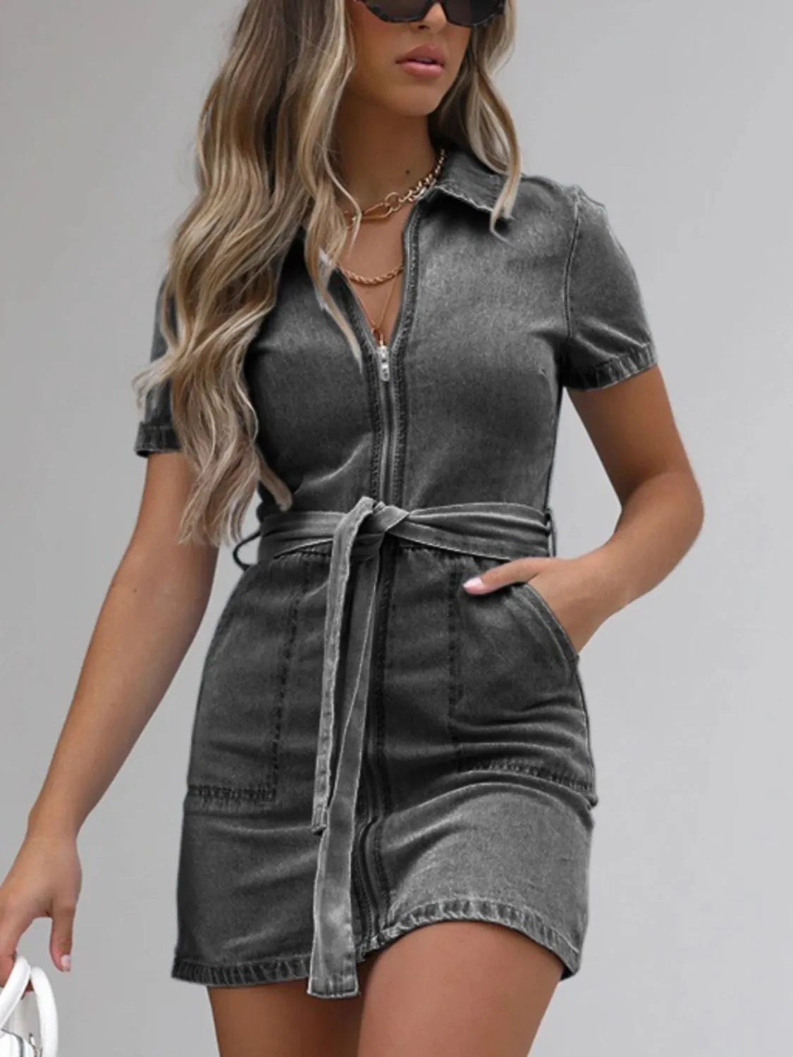 Full Size Zip Front Short Sleeve Denim Dress Plus Size Dark Gray