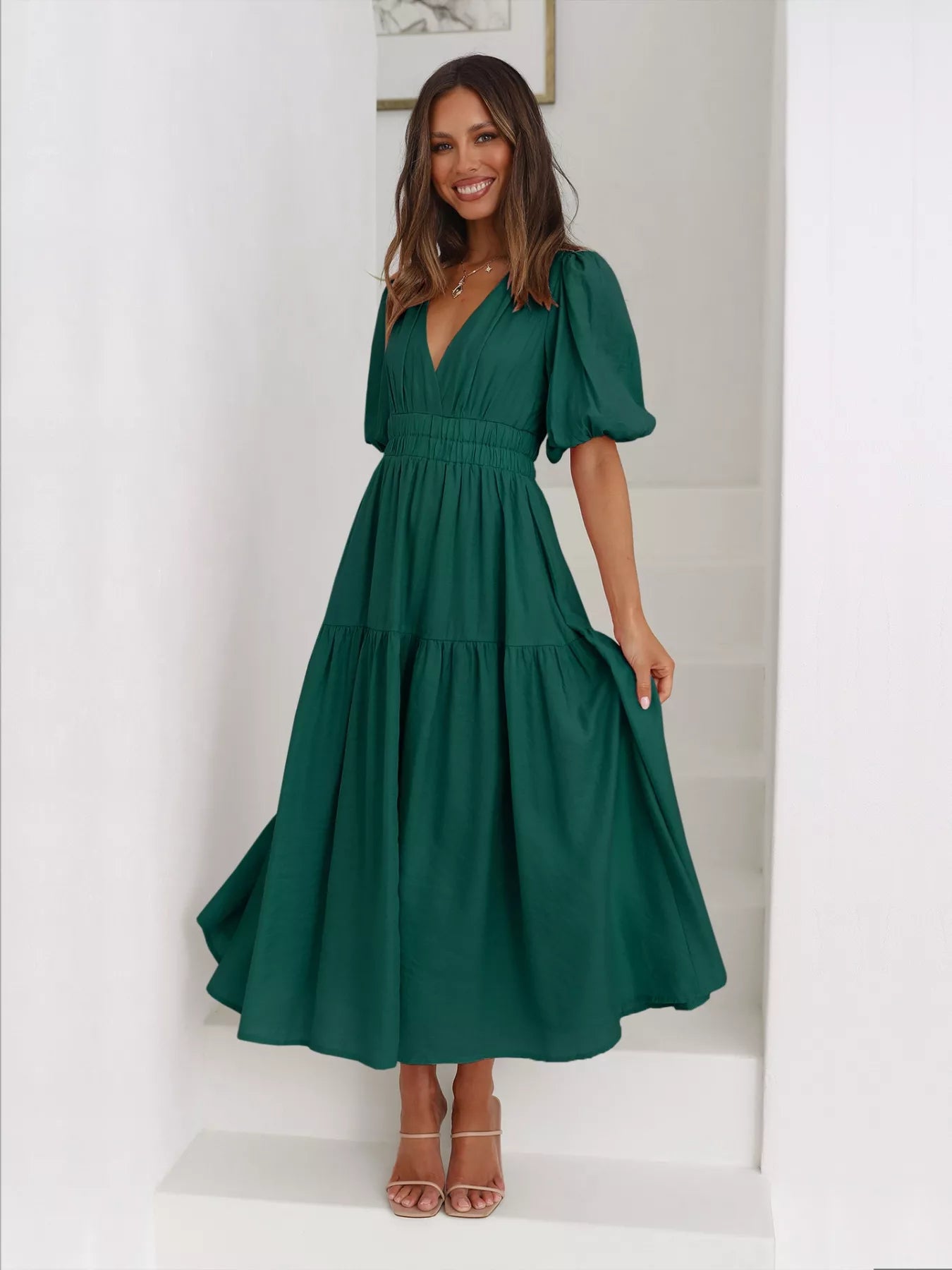 Tiered Puff Sleeve Midi Dress Dark Green
