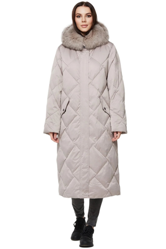 Genuine Polar Fox Fur Collar-Hood Down Winter Coat Pearl Beige