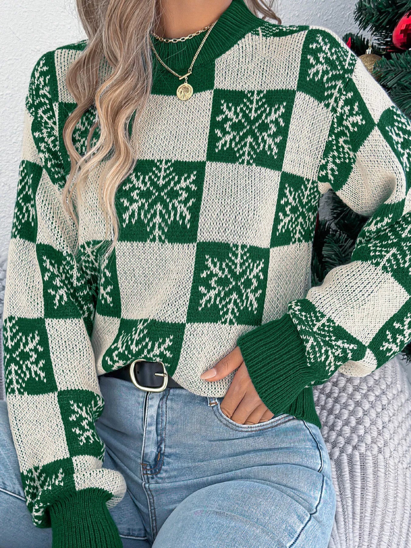 Christmas Snowflake Checkered Round Neck Sweater Green