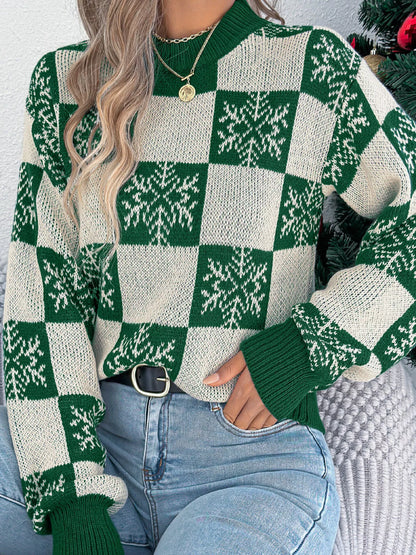 Christmas Snowflake Checkered Round Neck Sweater Green