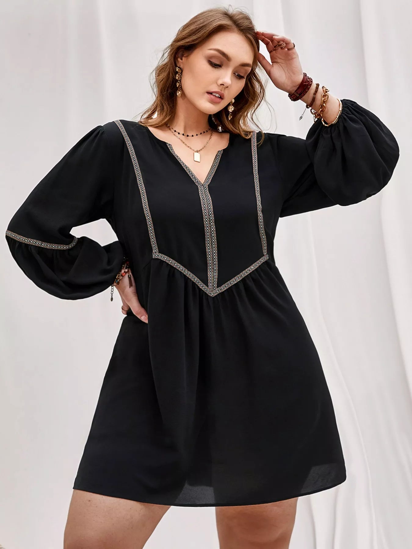 Plus Size Notched Balloon Sleeve Mini Dress
