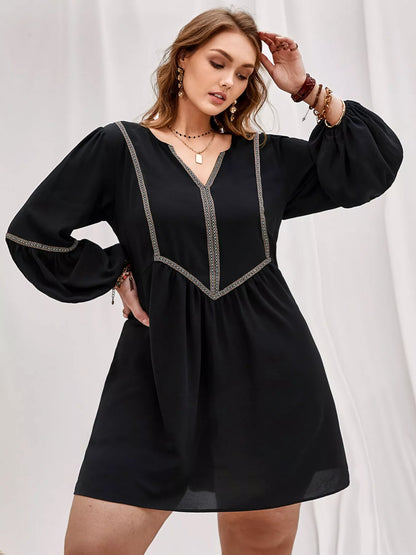 Plus Size Notched Balloon Sleeve Mini Dress