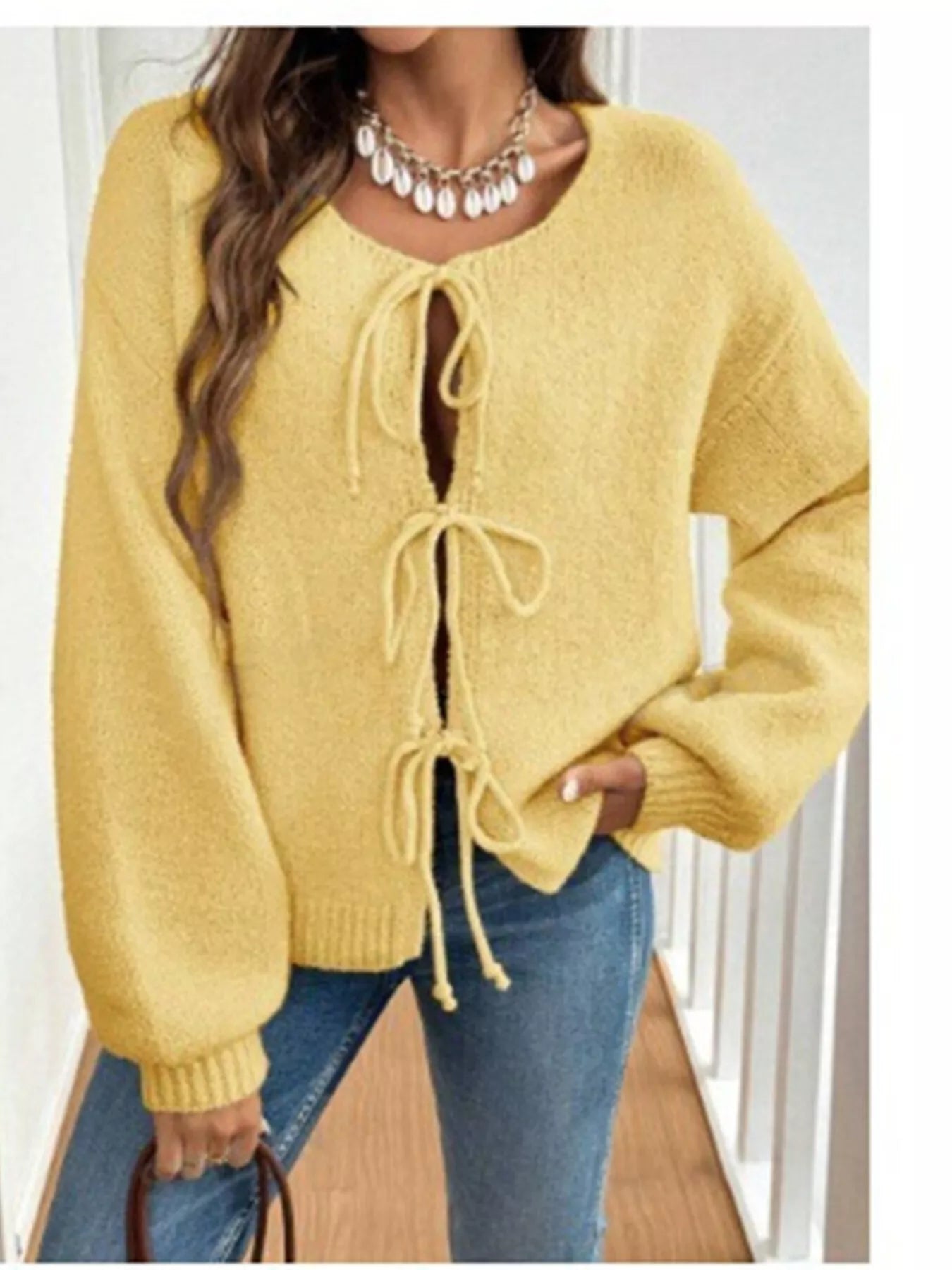 Tie-Front Long Sleeve Cardigan Yellow