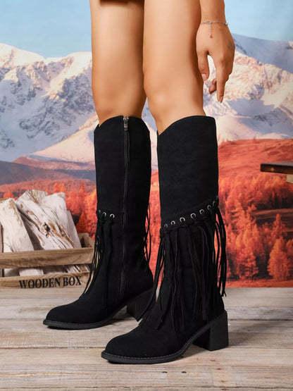 Fringe Point Toe Block Heels Boots Black