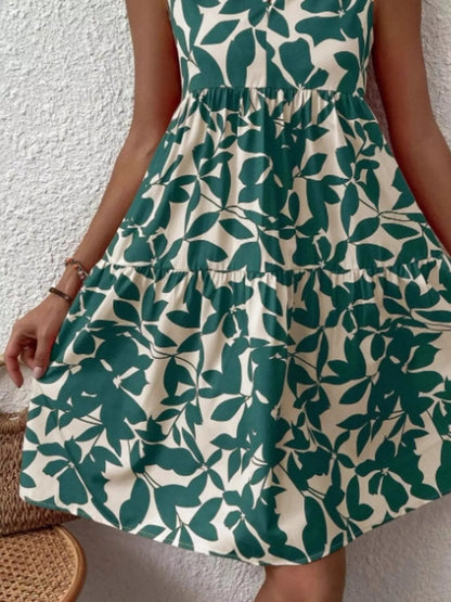 Full Size Printed Notched Sleeveless Mini Dress Plus Size