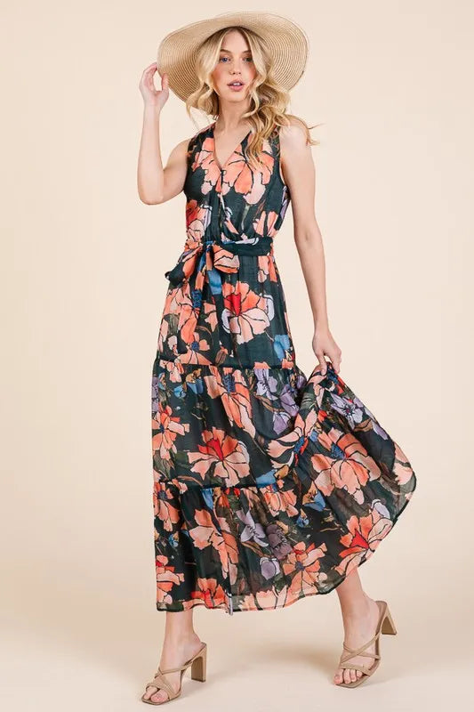 Lime 'N' Chili Floral Print Sleeveless Tie Waist Maxi Dress MULTI