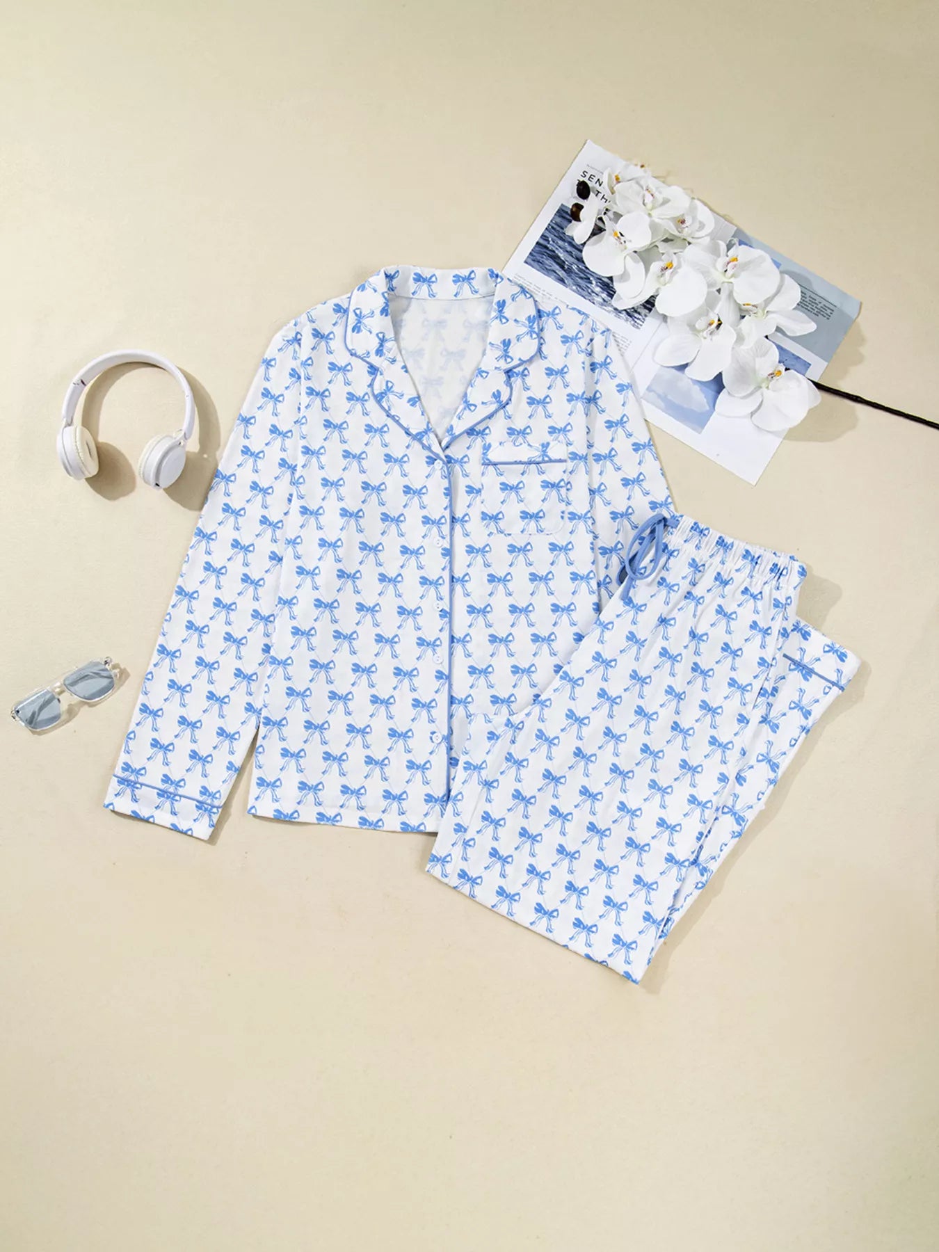 Bow Print Long Sleeve Shirt and Pants Pajama Set